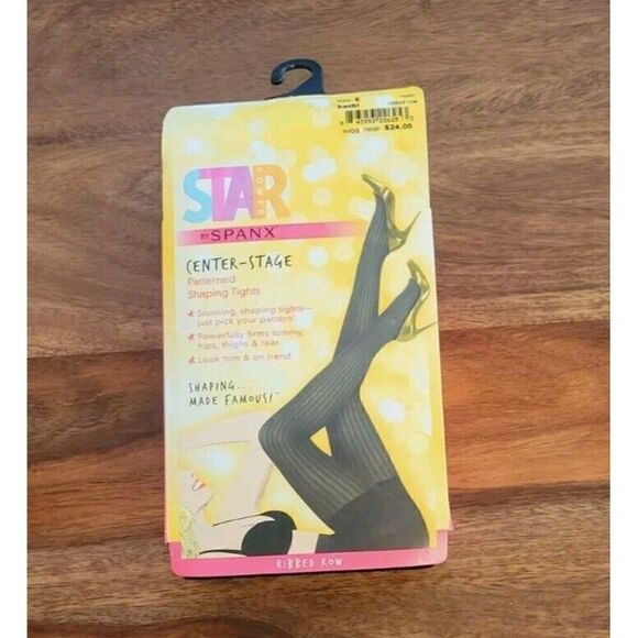 Star Power By Spanx Patterned Shaping Tights Size E Ribbed Row Black High Waist - Picture 1 of 5